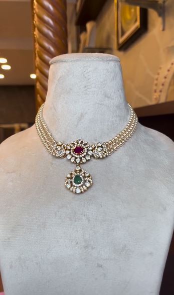 Moissanite Polki Pearl Choker From Shadishringaar